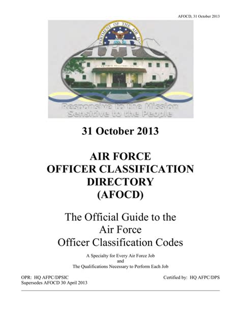 31 October 2013 Air Force Officer Classification Directory