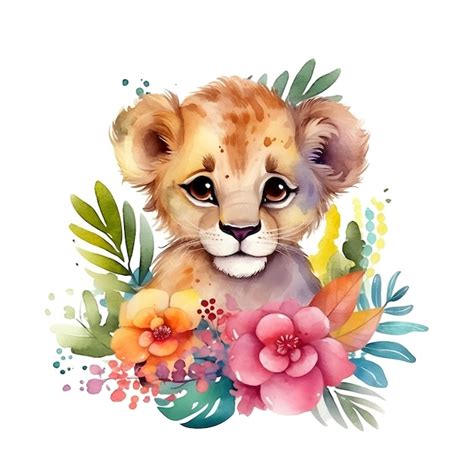 A Black And White Drawing Of A Lion Surrounded By Flowers