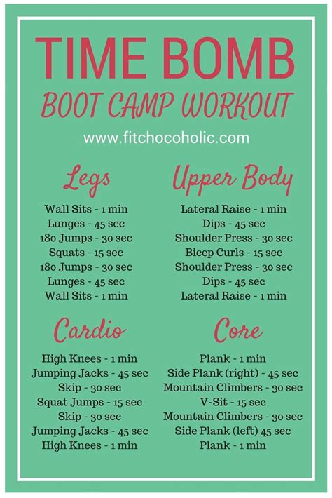 A Green Poster With The Words Time Bomb Boot Camp Workout