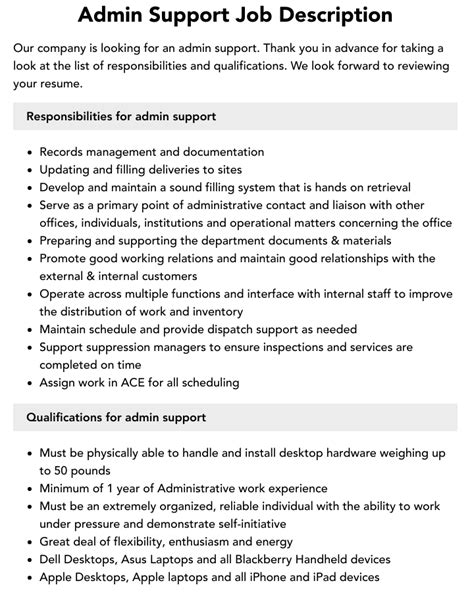 Admin Support Job Description