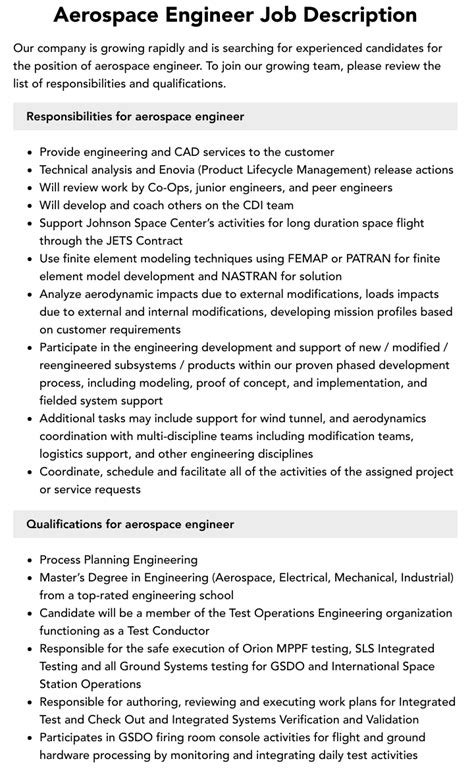 Aerospace Engineer Job Description Template