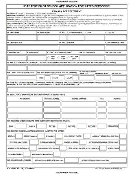 Af Form 1711A Usaf Test Pilot School Application For Rated Personnel Af Forms