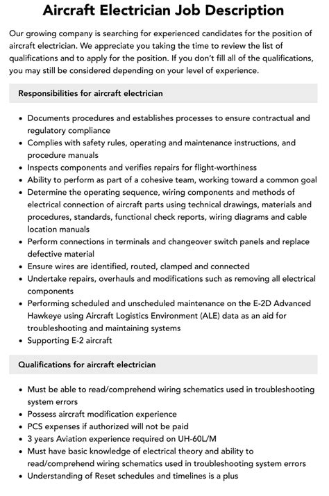 Aircraft Electrician Job Description Velvet Jobs