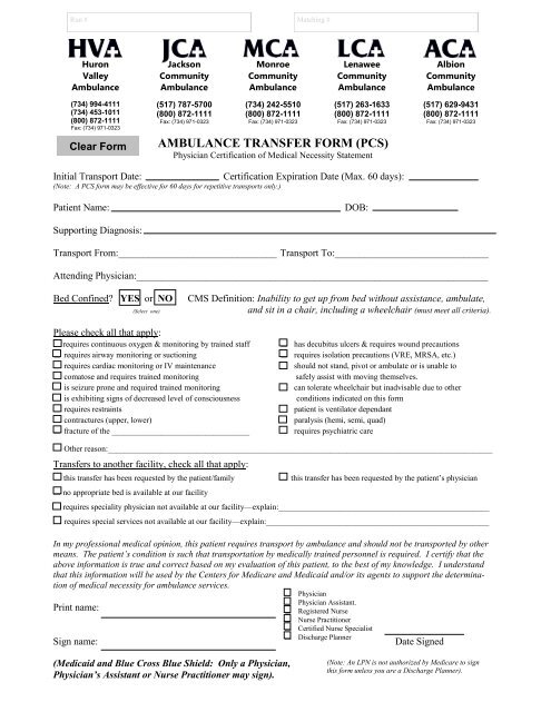 Ambulance Transfer Form Pcs Huron Valley Ambulance