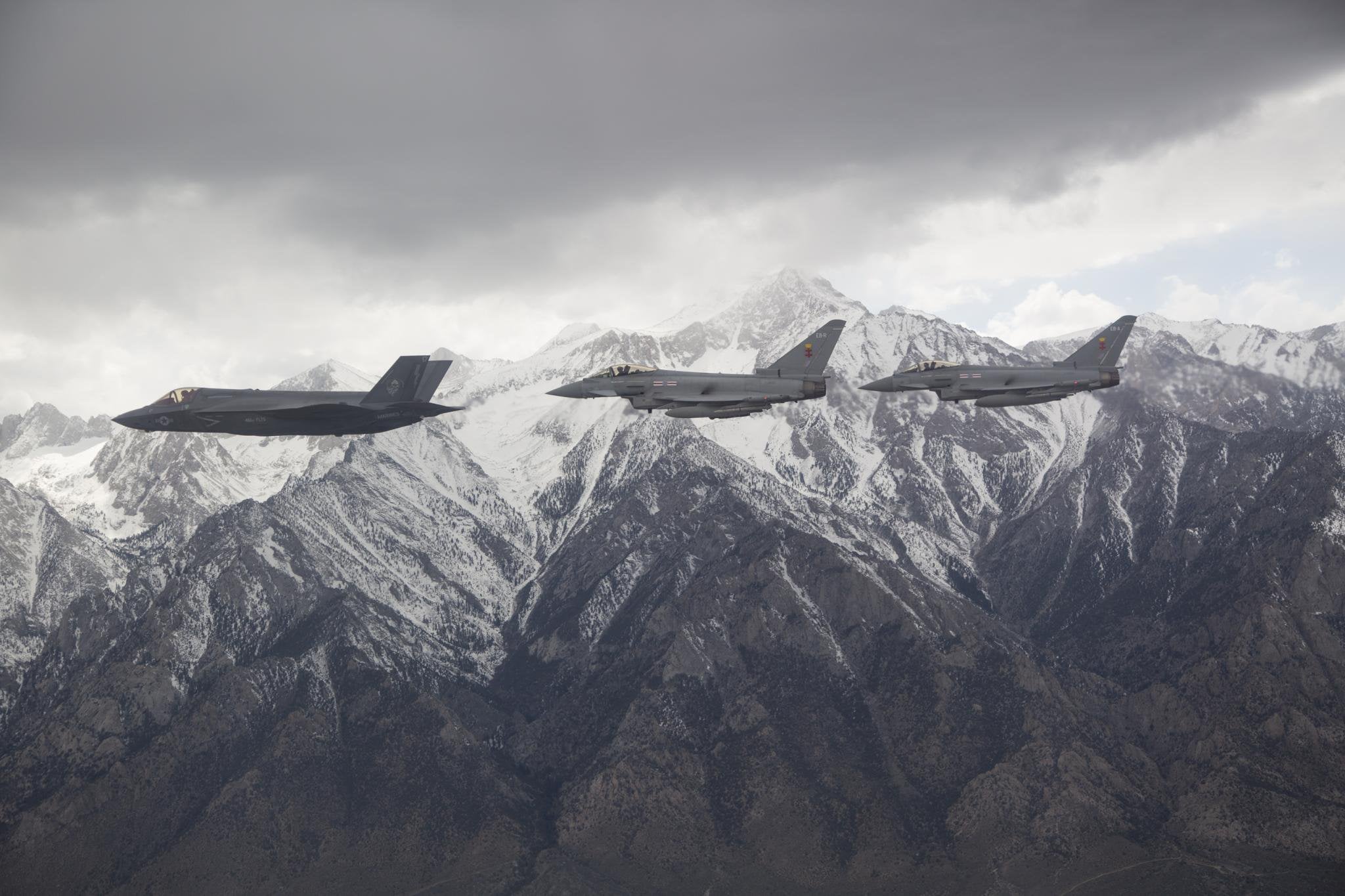 An F 35 Flying Alongside Two Typhoons 2048 X 1365 R Militaryporn