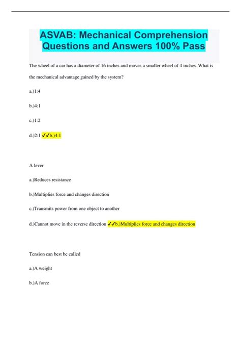 Asvab: Mechanical Comprehension Questions And Answers 100% Pass - Asvab ...