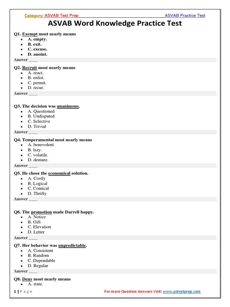 Asvab Pre Test1 Pdf Asvab Pre Test The Following Asvab Pre Test