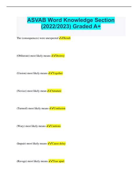 Asvab Word Knowledge Section 2022 2023 Graded A Asvab Word