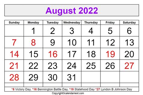 August 2022 Calendar With Holidays