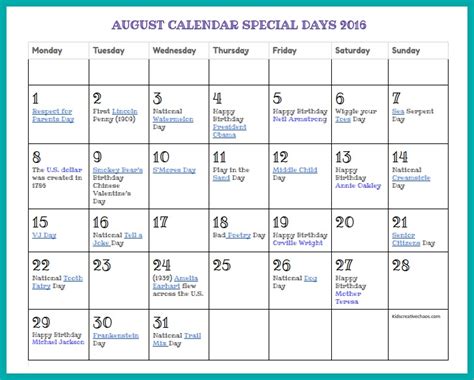 August Calendar Printable Special Days Adventures Of Kids Creative Chaos