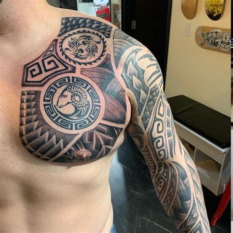 Awesome Tribal Chest And Sleeve Tattoo Fresh Tattoo Ideas