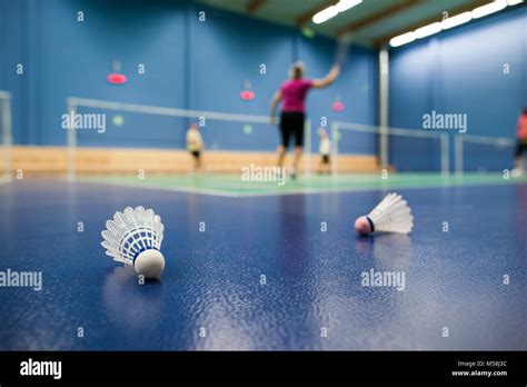 Badminton Badminton Courts With Players Competing Shuttlecock Stock