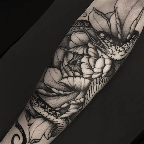 Blackwork Flowers And Snake Tattoo Design By Planoc Snake Tattoo