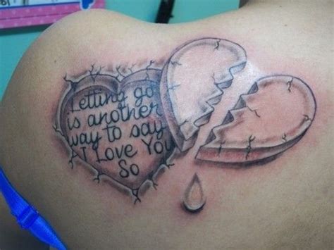 Broken Heart Tattoo Quotes On Shoulder Blade With Tear Drop Letting