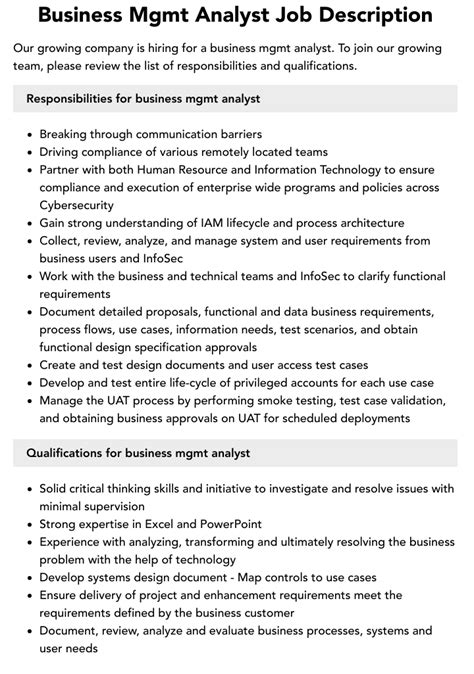 Business Mgmt Analyst Job Description Velvet Jobs