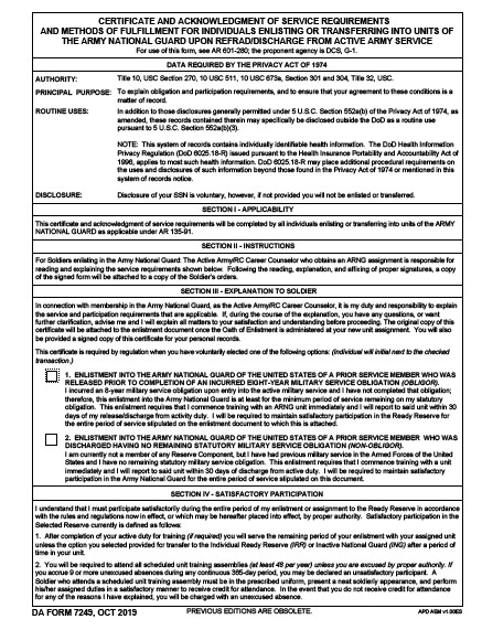 Da Form 7249 Download Fillable Pdf Or Fill Online Certificate And Acknowledgment Of Service