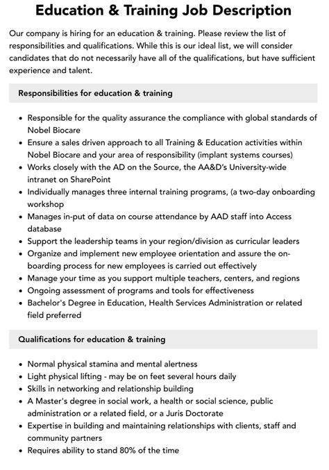 Education Training Job Description Velvet Jobs