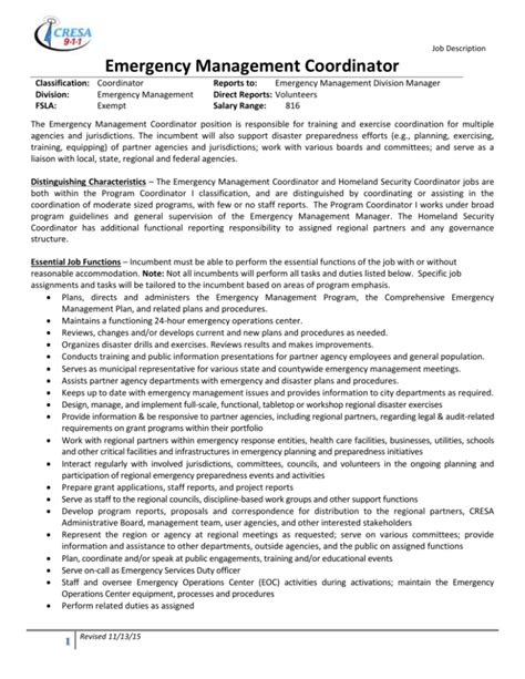 Emergency Management Coordinator Job Description