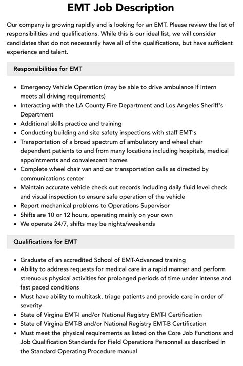 Emt Job Description Velvet Jobs