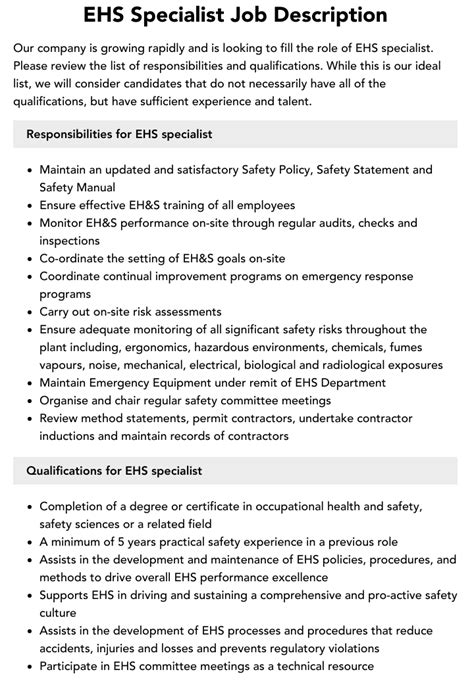 Environmental Health And Safety Ehs Specialist Job Description Template