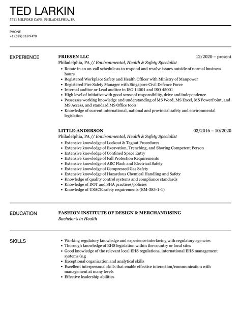 Environmental Health Safety Specialist Resume Samples Velvet Jobs