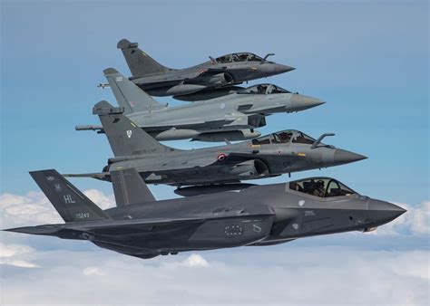 F 35A Two Dassault Rafales And A Eurofighter Typhoon Fly In Formation