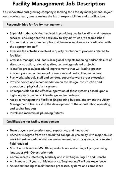 Facility Manager Job Overview