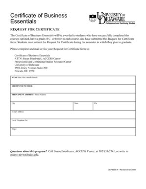 Fillable Online Pcs Udel Request For Certificate Form Pdf Form To Mail