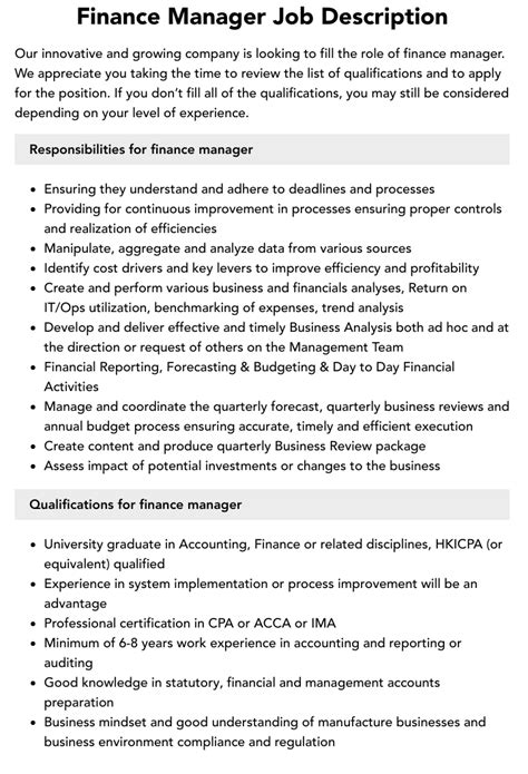 Financial Manager Job Requirements Financial Manager Job Description 8 Free Word Pdf