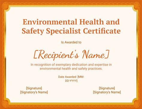 Free Environmental Health And Safety Specialist Certificate Template