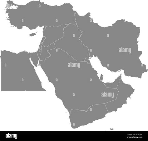 Gray Cmyk Color Map Of Middle East With Country Borders Stock Vector