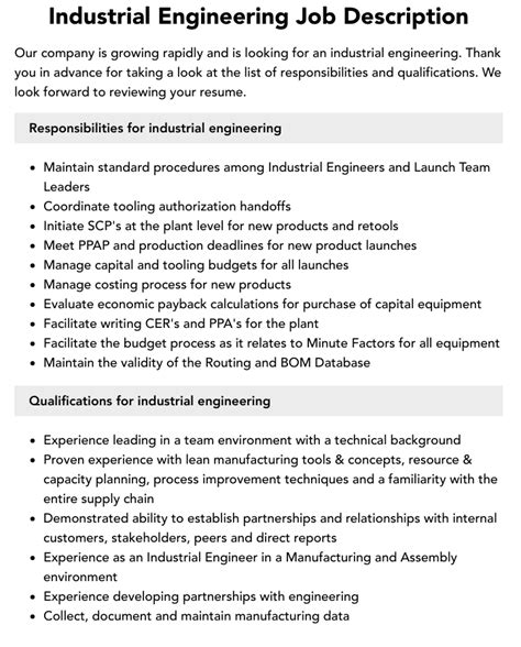 Industrial Engineer Job Description Career Resource