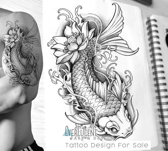 Japanese Koi 2 Tattoo Design Linework Digital Download Etsy