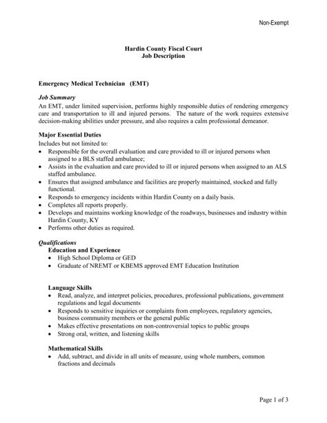 Job Description For Emt S Hardin County Government