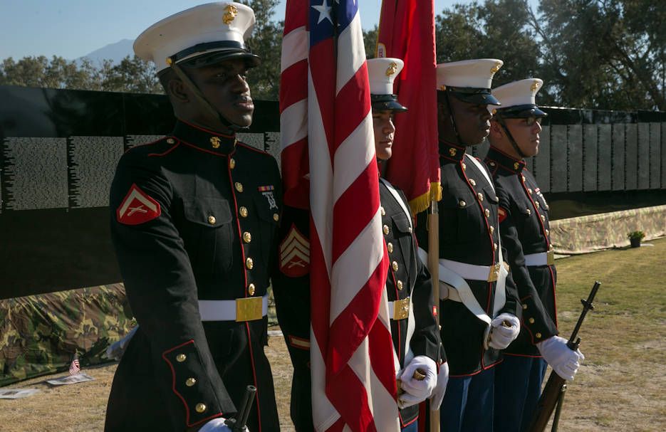 Marines With The Headquarters Battalion Color Guard Prepare To Present The Colors During The O