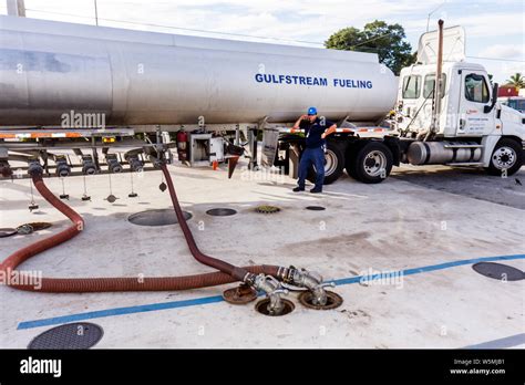 Miami Florida Liberty City Gas Petrol Filling Station Fuel Tank Truck Road Tanker Liquid Load