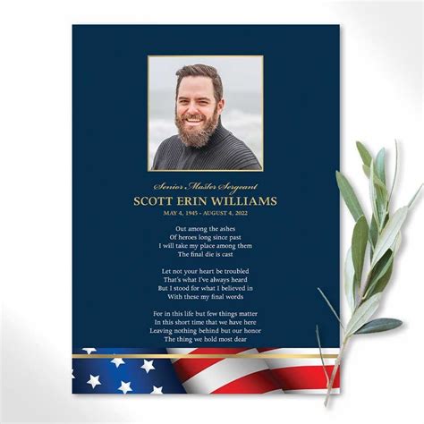 Military Veteran Funeral Memorial Card With A Photo And Poem