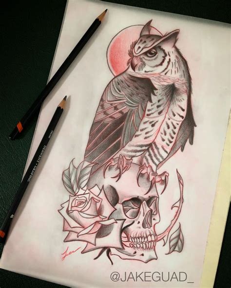 Neo Traditional Owl Skull And Rose Tattoo Design By Jake Guad Norse