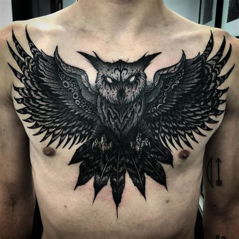 Owl Chest Piece Cover Up Tattoo By Ted Chronic Ink Tattoo R Blackwork