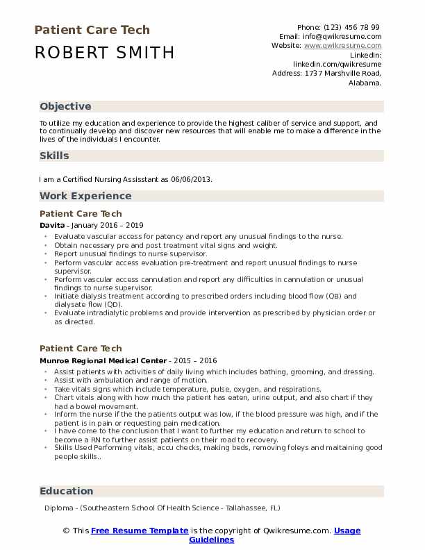 Patient Care Tech Resume Samples Qwikresume