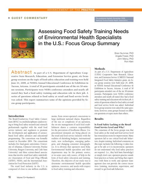 Pdf Assessing Food Safety Training Needs Of Environmental Health