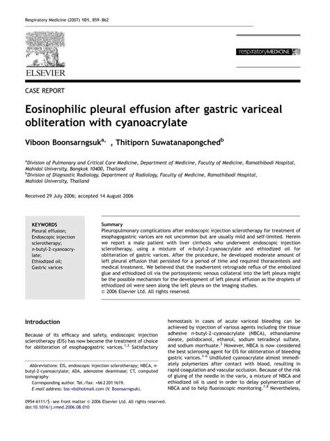 Pdf Eosinophilic Pleural Effusion After Gastric Variceal Obliteration With Cyanoacrylate