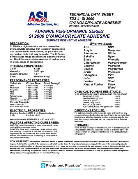 Pdf Technical Data Sheet Tds Si 2000 Cyanoacrylate Adhesive