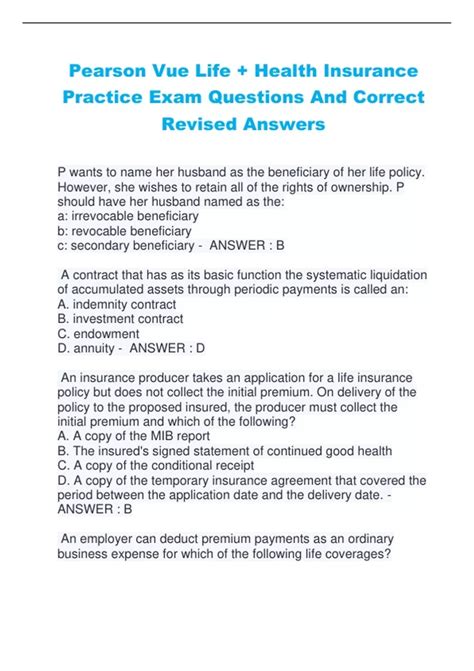 Pearson Vue Life Health Insurance Practice Exam Questions And Correct