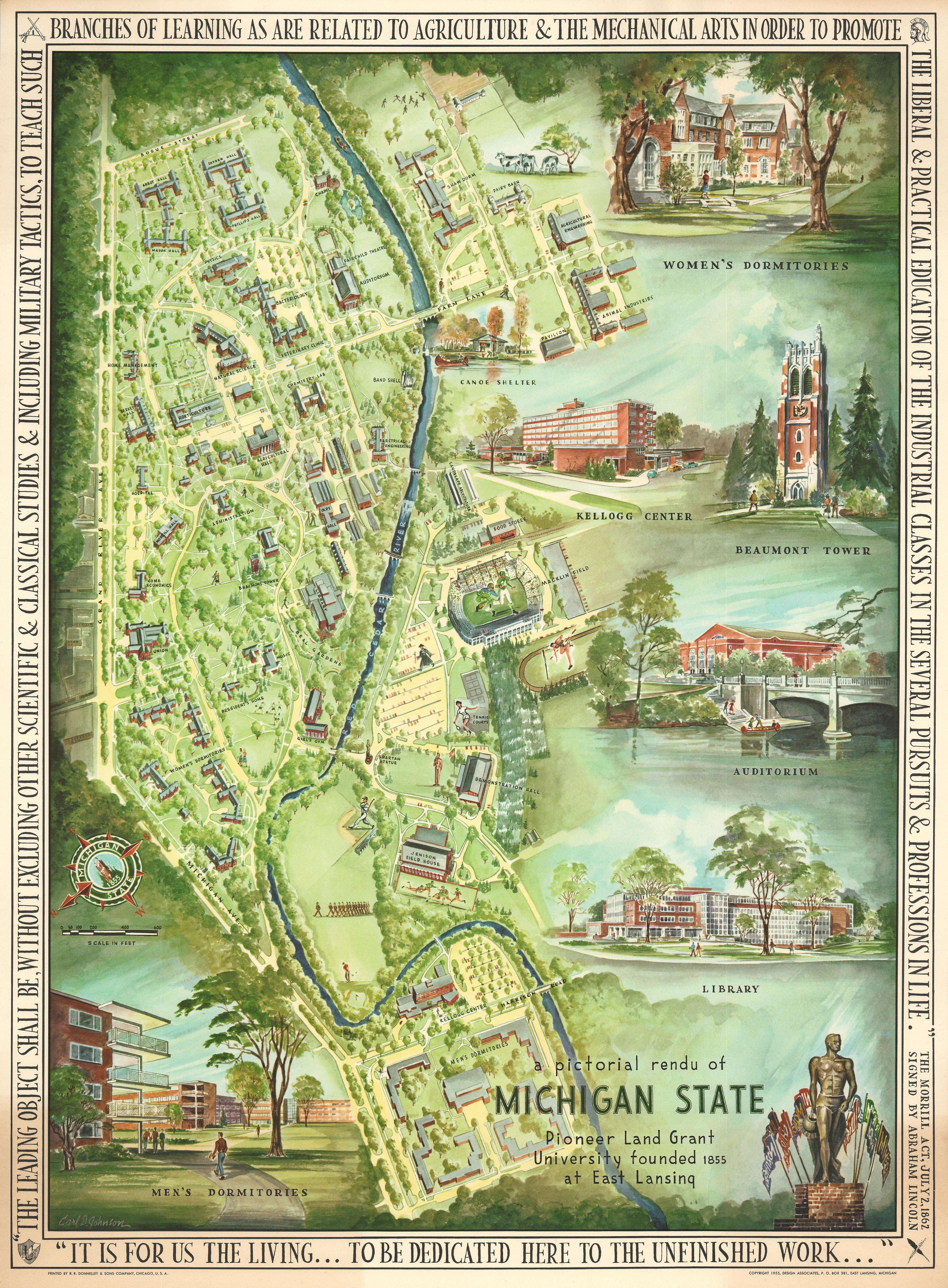 Pictorial Map Of Michigan State University In 1955 R Msu