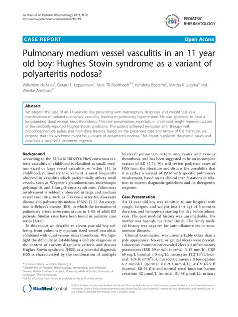 Pulmonary Medium Vessel Vasculitis In An 11 Year Old Boy Hughes Stovin