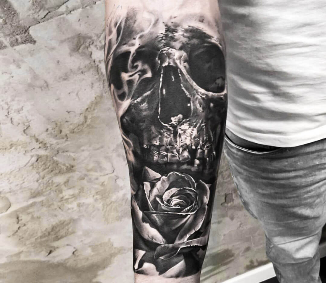 Realistic Skull And Rose Tattoo