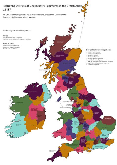 Recruiting Areas Of Line Infantry Regiments In The British Army C 1887 1449X2028 Oc R Mapporn