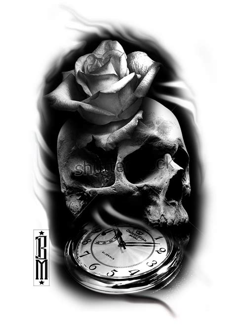 Skull Rose Clock Tattoo Style