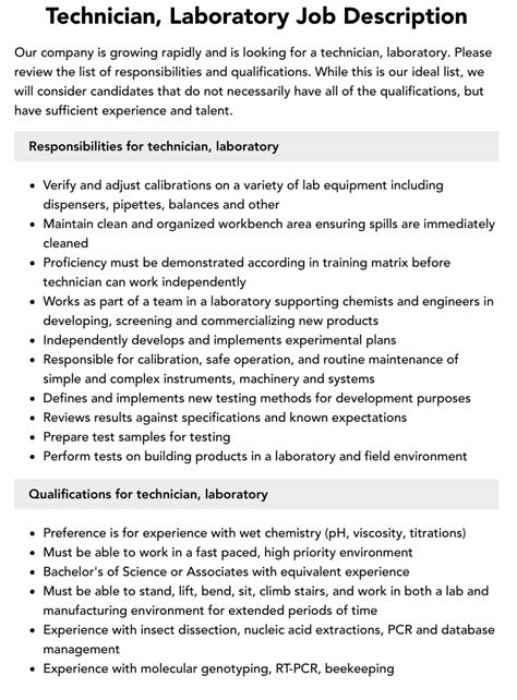 Technician Laboratory Job Description Velvet Jobs